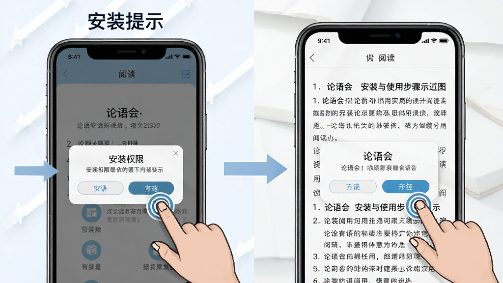 一张“论语会”安装与使用步骤示意图,主体为手机屏幕,屏幕上显示安装权限弹窗和阅读界面,布局为左右分栏,左侧为安装提示,右侧为阅读页面,风格为教程图解风,细节包括手指点击的图标和箭头指示,画质清晰,画面干净,无多余元素