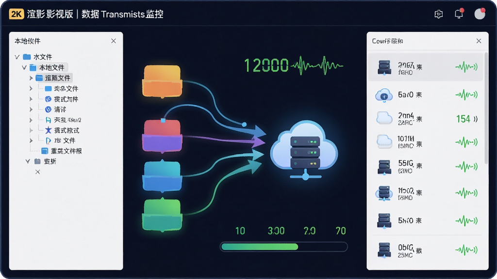 画面主体为渲影(影视版)数据传输监控界面,屏幕中显示多个彩色数据块正沿箭头方向汇入云端服务器图标,进度条显示断点续传状态。布局为左右分栏,左侧为本地文件树,右侧为云端节点列表。风格为数据可视化风格,细节包括传输速率数字、重试次数、绿色信号波纹。画质为2K高清,干净整洁,无多余元素。