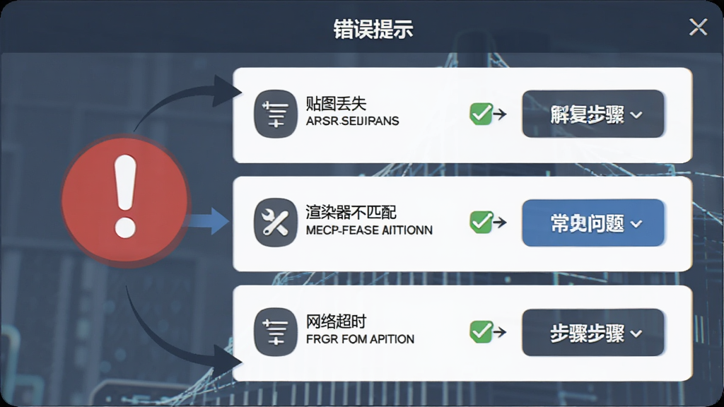 画面主体为渲影(影视版)错误提示弹窗与解决步骤示意图,屏幕中显示一个红色感叹号图标,旁边列出“贴图丢失”“渲染器不匹配”“网络超时”三个常见问题及对应修复按钮。布局为纵向列表,风格为信息图表风,细节包括修复图标、勾选标记、箭头指引。画质为高清,干净整洁,无多余元素。