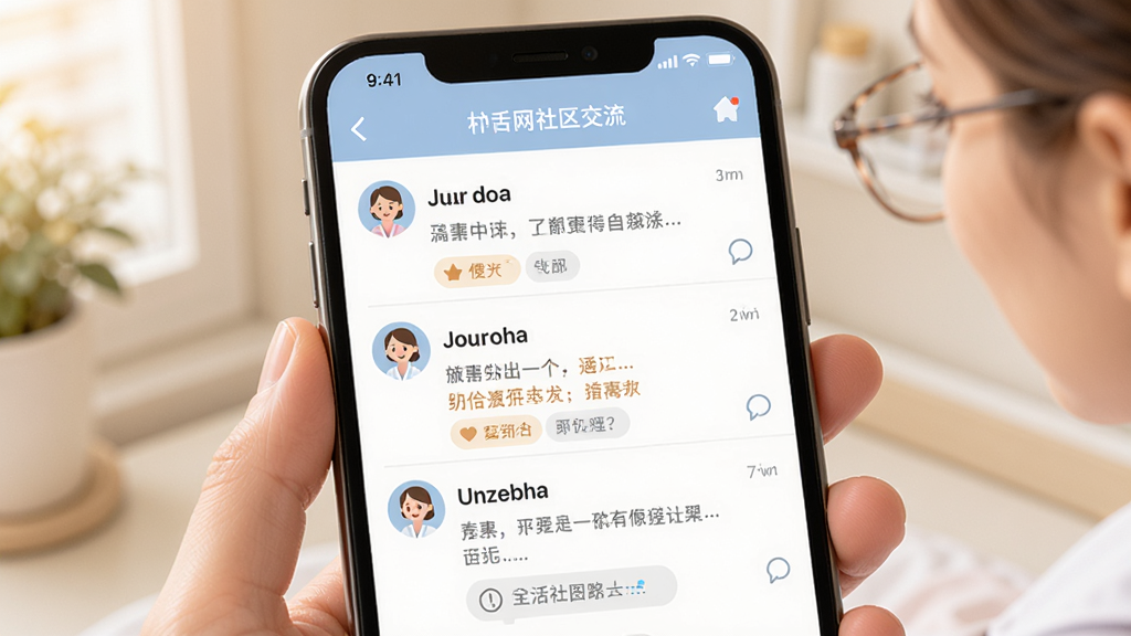 手机界面展示护士网社区交流页面,页面中有多条用户发布的帖子和评论互动,头像和昵称清晰可见,整体风格温馨友好,配色柔和,高清画质,无多余元素