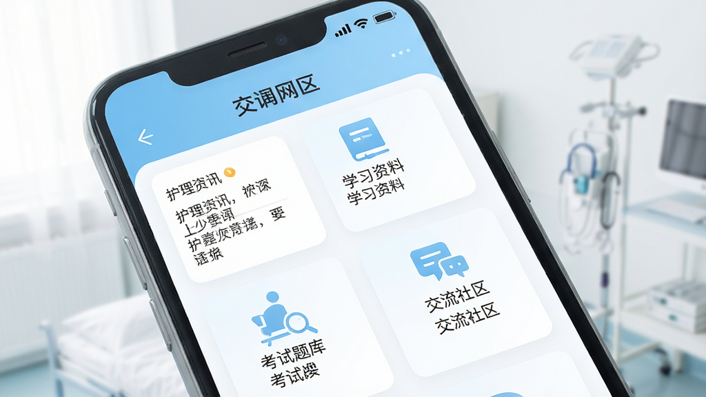 一张手机屏幕展示护士网应用主界面,界面中包含护理资讯、学习资料、考试题库、交流社区等模块,整体色调以白色和浅蓝色为主,风格简洁专业,画面干净明亮,高清画质,无多余元素