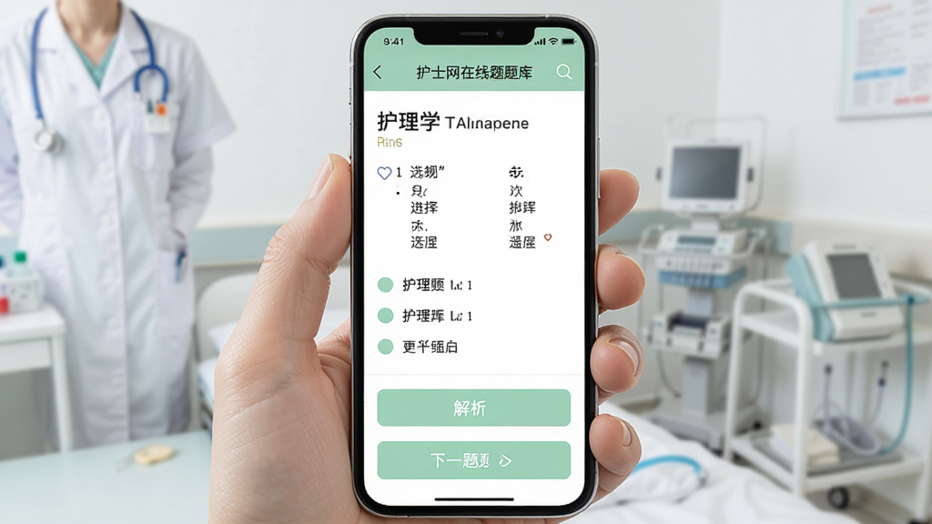 手机屏幕显示护士网在线题库答题界面,界面中有一道护理学选择题和四个选项,下方有解析按钮和下一题按钮,界面配色以白色和浅绿色为主,风格清新,布局合理,高清画质