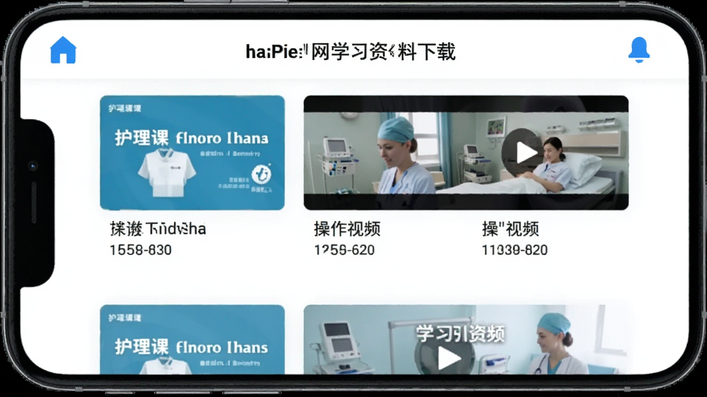 手机屏幕展示护士网学习资料下载页面,页面中列有多个护理课件和操作视频的封面图及文件大小信息,界面整洁,白色背景搭配蓝色图标,风格简约实用,高清画质