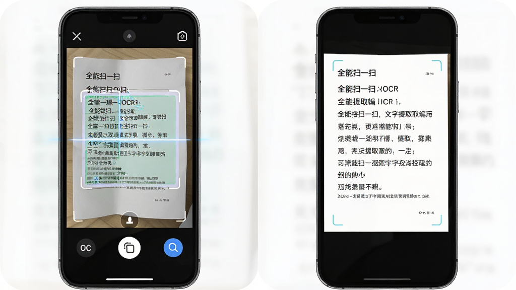 一张展示全能扫一扫文字提取功能的图片,主体为手机屏幕左边显示扫描的纸质文档、右边显示提取出的可编辑文字,布局为左右分屏对比展示,风格为简约科技风格,细节包括OCR识别高亮框、复制按钮、文字排版整齐,画质高清干净,无多余元素