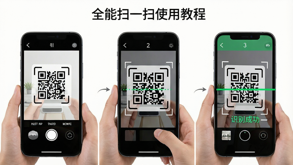 一张展示全能扫一扫使用教程的图片,主体为手机屏幕分步骤展示扫码操作流程,布局为三步骤横向排列,风格为教程图解风格,细节包括第一步打开相机、第二步对准二维码、第三步识别成功,画质高清干净,无多余元素