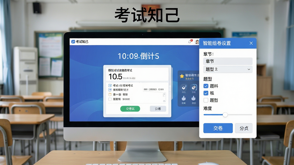 考试知己模拟考试与智能组卷界面,画面主体为电脑屏幕显示模拟考试倒计时与答题卡,屏幕旁边悬浮着智能组卷设置面板,面板中包含章节选择、题型勾选与难度滑块,布局采用中心聚焦构图,风格为现代考试系统界面设计,细节包括交卷按钮、分数显示与排名标识,背景为安静的考场环境,画面顶部显示“考试知己”字样,画质清晰,干净无多余元素