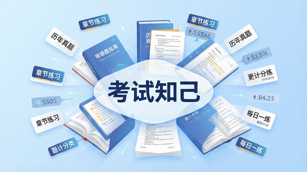 考试知己海量题库界面展示,画面主体为悬浮在空中的多本电子书与试卷,书页中飞出各类题目卡片,卡片上写有“历年真题”“章节练习”“每日一练”等字样,布局采用中心放射状构图,风格为科技感学习插画,细节包括题库分类标签、题目数量统计数字与更新日期标识,背景为浅蓝色渐变,画面中央醒目显示“考试知己”品牌标识,画质高清,干净无多余元素