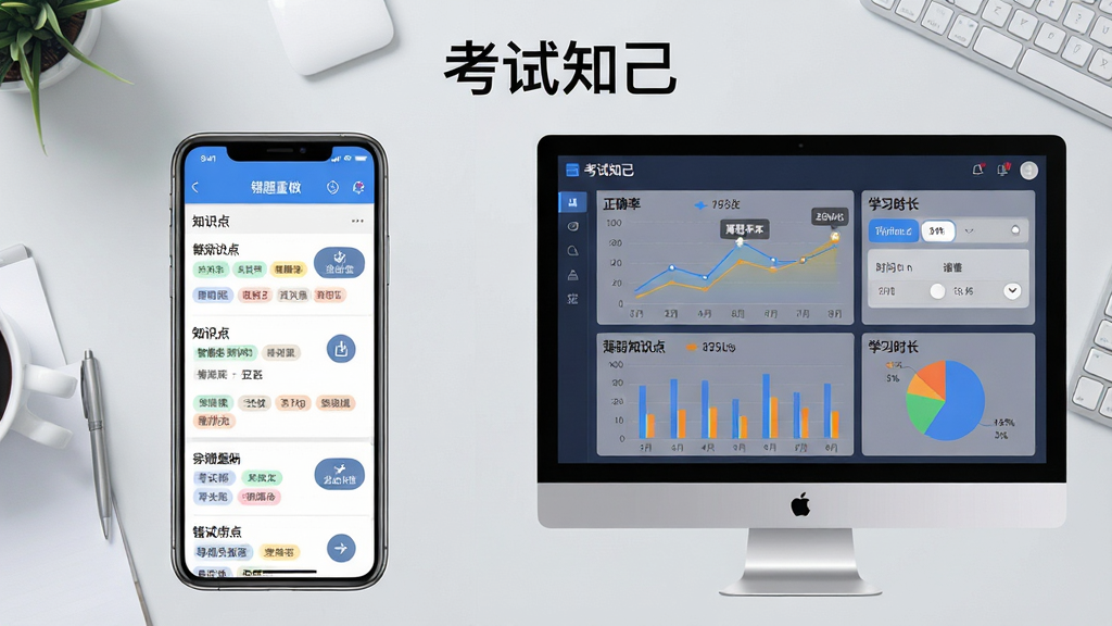 考试知己智能错题本与学情分析界面,画面左侧为手机屏幕显示错题列表与知识点标签,右侧为电脑屏幕展示学情数据图表,包括折线图、柱状图与饼图,图表中标注“正确率”“薄弱知识点”“学习时长”等文字,布局采用左右分屏构图,风格为清新商务数据可视化,细节包括错题重做按钮、导出报告图标与时间筛选器,背景为淡灰色办公桌面,画面顶部显示“考试知己”字样,画质清晰,干净无多余元素