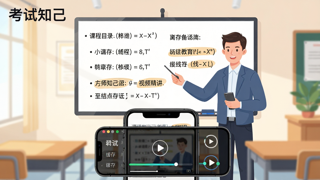 考试知己名师视频精讲与离线缓存功能展示,画面中央为一位讲师站在电子白板前讲解考点,白板上写有公式与重点标记,下方为手机屏幕显示视频播放界面与下载进度条,布局采用上下结构,风格为在线教育场景插画,细节包括课程目录列表、缓存按钮与播放速度调节图标,背景为明亮的教室环境,画面中标注“考试知己”品牌名称,画质高清,干净无多余元素