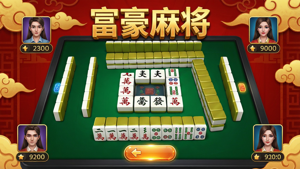 画面主体为一款竖屏手机麻将游戏界面,布局采用经典的四方牌桌视角,桌面中央整齐码放着万、条、筒等麻将牌,四角显示玩家头像与分数,屏幕上方有“富豪麻将”金色立体艺术字标题,背景为喜庆的中国红与金色祥云纹理交织,风格偏向写实卡通风,细节上麻将牌面光泽感强,按钮带有微光特效,画质高清,画面干净无多余元素