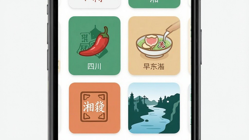 一张展示多地域麻将玩法的功能界面图,主体是手机屏幕内排列着四川、广东、长沙等地的麻将规则图标,布局采用网格状卡片设计,排版整齐划一,风格为扁平化UI设计,细节上每个卡片带有地方特色小图案如辣椒、早茶、湘江剪影,画质清晰,画面干净整洁