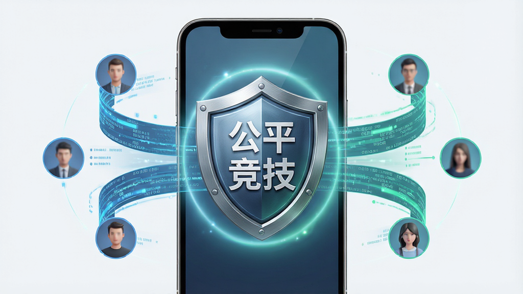 一张表现智能匹配与安全防护的抽象概念图,主体为手机屏幕中央显示“公平竞技”盾牌图标,周围环绕着数据流与玩家头像,布局采用居中对称式,排版简洁,风格为科技感轻写实,细节上盾牌有金属质感与光晕,数据流呈蓝绿色,画质清晰,画面干净无多余元素