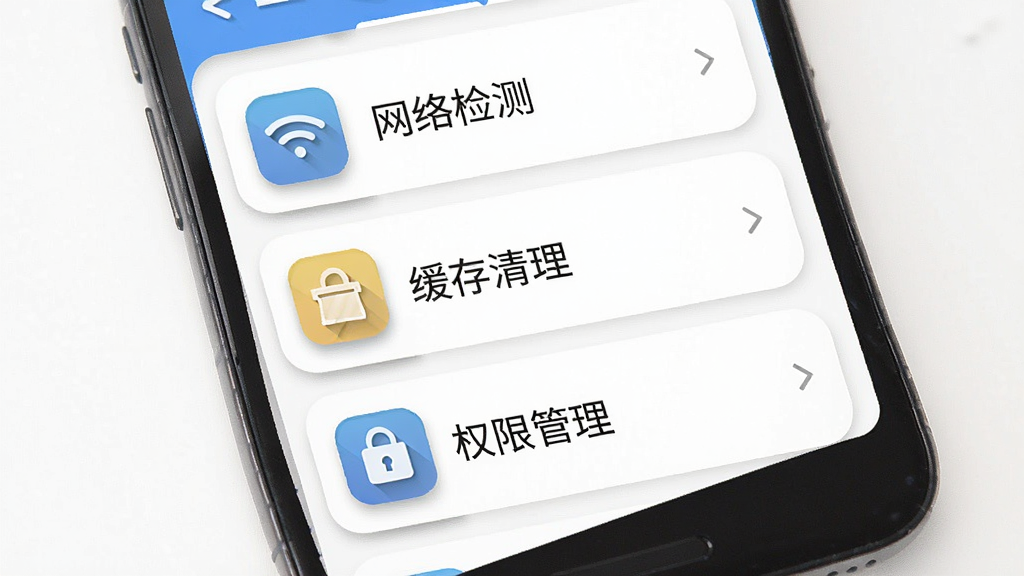 一幅表现手机游戏设置与优化的示意图,主体为手机屏幕显示设置菜单,包含网络检测、缓存清理、权限管理图标,布局为列表式排列,排版清晰,风格为简约扁平化,细节上图标带有轻微投影与圆角,画质干净,画面无多余装饰