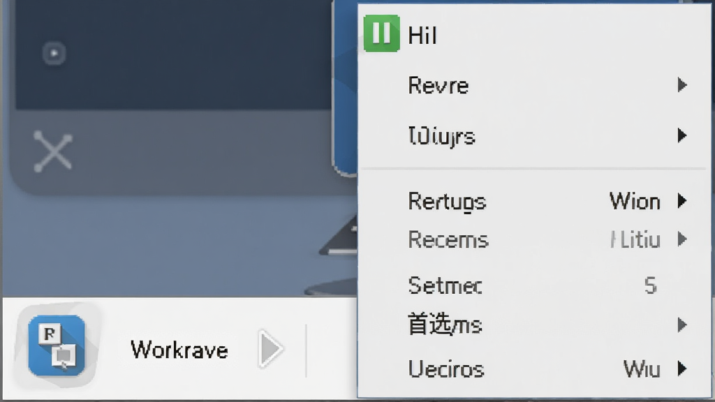 Workrave系统托盘图标及右键菜单,主体为托盘区域和弹出菜单,布局右下角,排版紧凑,风格系统原生,细节包括暂停、恢复、首选项等菜单项,画质清晰,干净,无多余元素。