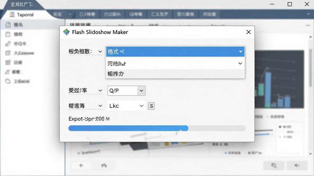 Flash Slideshow Maker ������ô��ڣ�������չʾ��ʽѡ�������˵����ֱ���ѡ���뵼��������������Ϊ���������棬����Լ���񣬻��ʸɾ��޶���Ԫ��