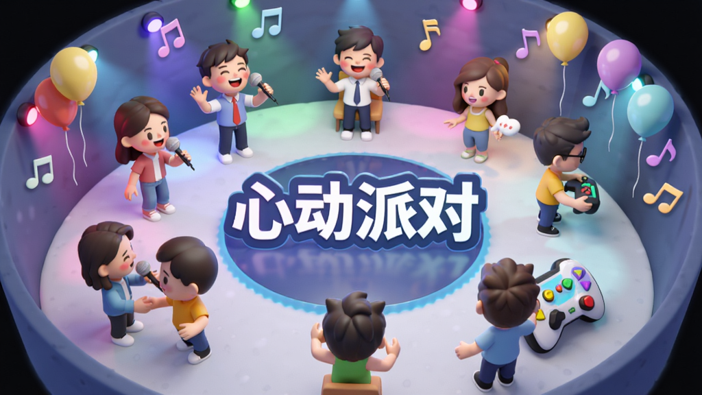主体是一个虚拟的线上派对房间场景,布局为圆形空间,中央有“心动派对”发光字样,周围分布着多个卡通人物形象,有的在唱歌,有的在聊天,有的在玩游戏。排版采用环绕式,风格为3D卡通渲染,细节包括彩色灯光、飘浮的气球和音符,画质清晰明亮,干净无多余元素