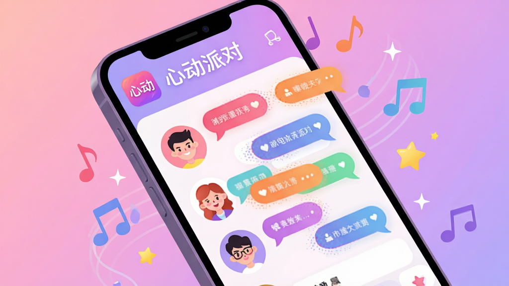 画面主体为一部智能手机,屏幕显示“心动派对”APP的派对房间界面,房间内有多个卡通人物头像和彩色聊天气泡,周围环绕音符与星星装饰。布局采用居中构图,手机微微倾斜,背景为柔和的粉紫渐变。排版上APP图标位于左上角,屏幕内文字清晰可见。风格为现代扁平插画风,色彩明快,细节丰富,画质高清,干净无多余元素,图片中文字为“心动派对”