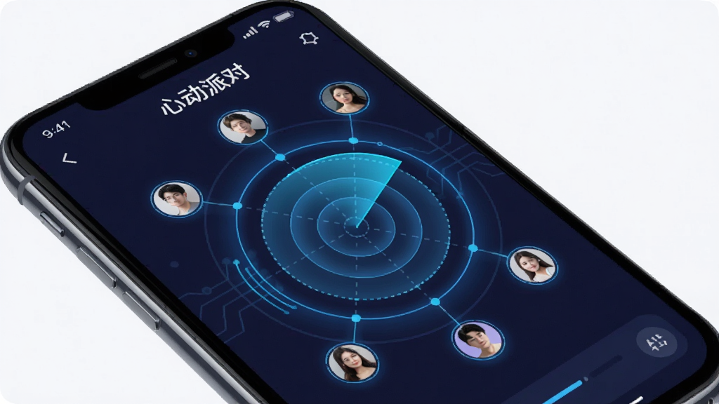 主体为一部智能手机,屏幕显示“心动派对”的匹配雷达界面,布局中心为雷达波纹,周围散布用户头像,风格为科技感UI设计,细节包括蓝色光晕和连接线,画质清晰,干净无多余元素,图片中文字为“心动派对”