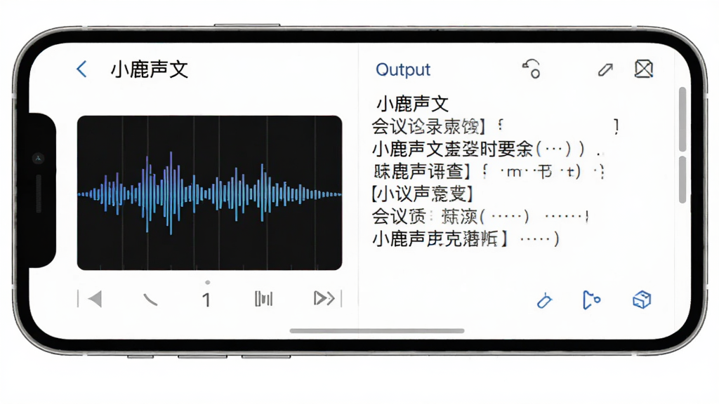 小鹿声文软件界面截图,画面主体为手机屏幕,屏幕上显示“小鹿声文”实时转写界面,左侧是声波动态图,右侧是文字输出区域,文字内容为会议记录片段,背景为白色,风格极简科技感,细节清晰,画质干净,无多余元素