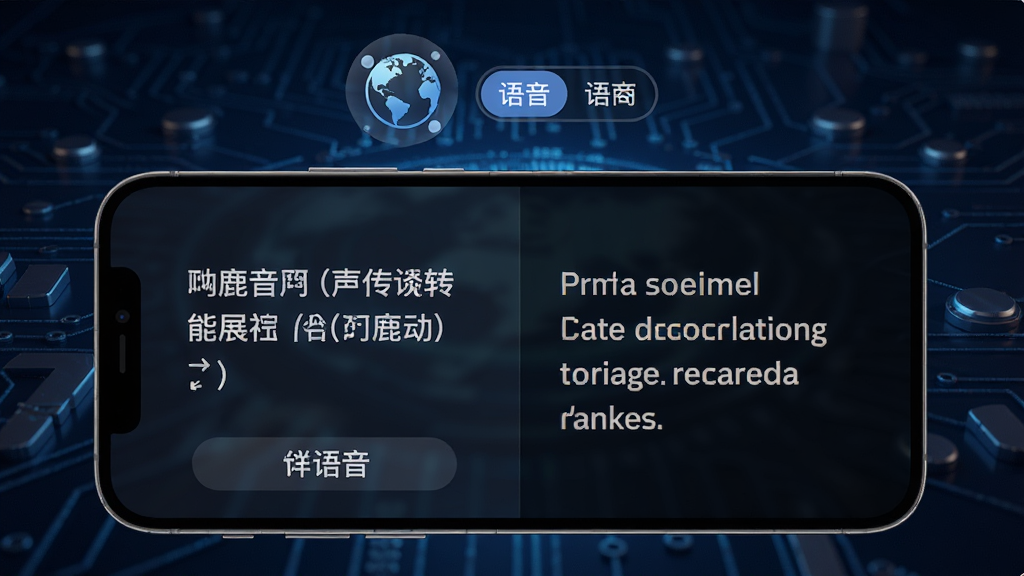 小鹿声文同声传译功能展示图,画面中一部手机横屏放置,屏幕左侧显示中文语音转写内容,右侧显示对应的英文翻译文本,手机上方有地球图标和语言切换标识,背景为深蓝色科技风格,细节丰富,画质清晰,无多余元素