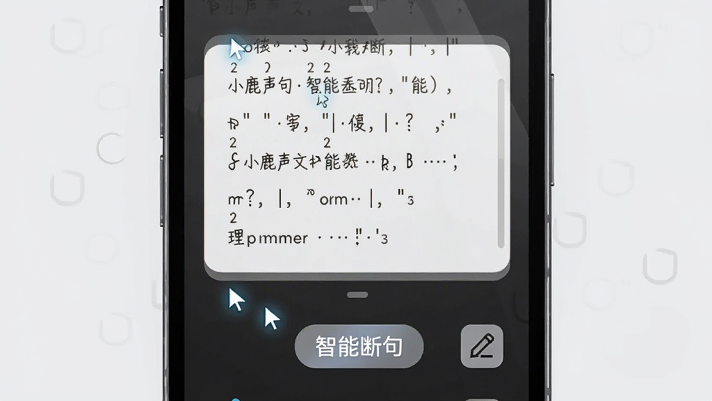 小鹿声文智能断句功能示意图,画面中央为手机屏幕,屏幕上显示一段带有标点符号的转写文本,文本下方有“智能断句”标识,周围有光标和编辑图标,背景为浅灰色,风格简约办公,细节清晰,画质干净,无多余元素