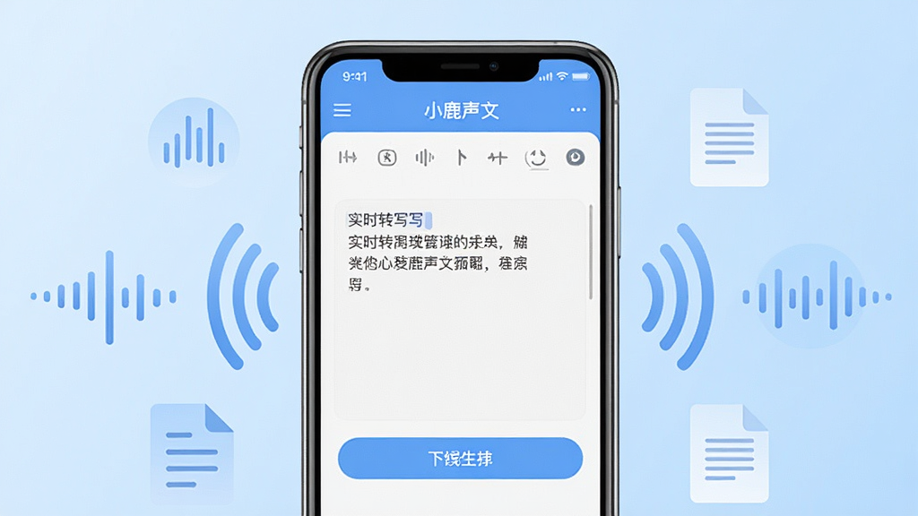 一张展示小鹿声文软件核心功能的场景图,画面中央放置一部智能手机,手机屏幕上显示着正在运行的“小鹿声文”APP界面,界面中包含实时转写文本框和翻译按钮,手机周围环绕着声波图标和文档图标,背景为浅蓝色渐变,风格简洁商务,细节清晰,画质干净,无多余元素