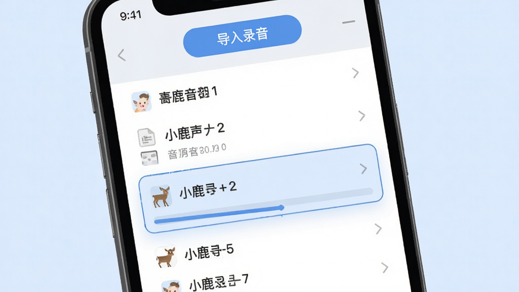 小鹿声文录音导入转写界面图,画面中手机屏幕显示文件列表,其中一个音频文件被选中并显示转写进度条,屏幕上方有“导入录音”按钮,背景为淡蓝色,风格清爽,细节清晰,画质干净,无多余元素