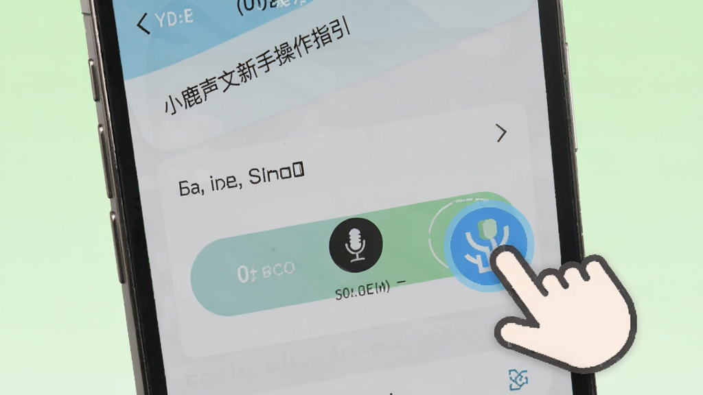 小鹿声文新手操作指引图,画面中一部手机显示软件权限设置页面,麦克风权限被高亮标注,旁边有手指点击的图标,背景为浅绿色,风格清新,细节清晰,画质干净,无多余元素