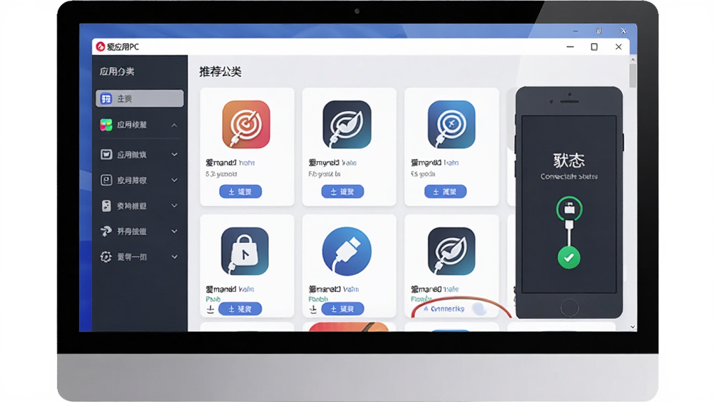爱应用PC版软件主界面展示,主体为电脑屏幕上打开的爱应用PC版窗口,布局左侧为应用分类导航栏,中间为应用推荐卡片网格,右侧为手机连接状态面板,排版清晰有序,风格为现代简约科技风,细节包括应用图标、下载按钮、连接数据线图标,画质为高清1080P,干净整洁,无多余元素