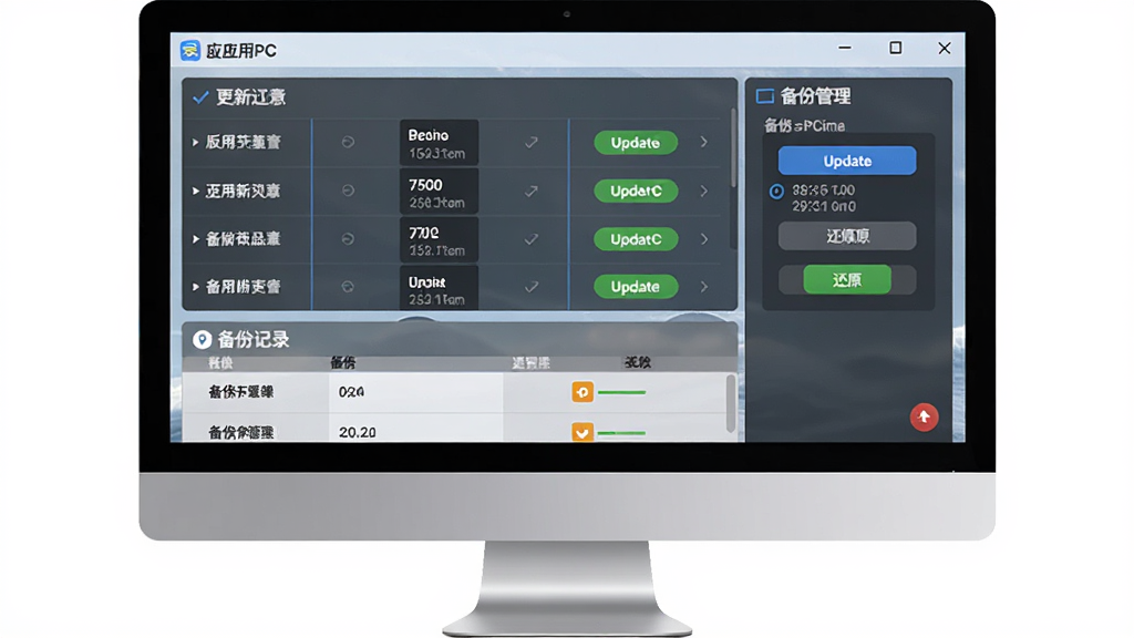爱应用PC版应用更新与备份功能界面,主体为电脑屏幕上显示的应用更新列表和备份管理面板,布局为上下结构,上方为更新列表、下方为备份记录,排版清晰,风格为商务简约风,细节包括版本号对比、更新按钮、备份时间戳、还原按钮,画质为高清,干净,无多余元素
