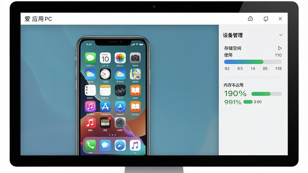 爱应用PC版手机投屏管理界面,主体为电脑屏幕显示手机桌面镜像,布局为左侧手机屏幕投射区域、右侧设备管理面板,排版为左右分栏,风格为现代办公风,细节包括投屏画面、存储空间使用条、内存占用百分比,画质为高清,干净,无多余元素