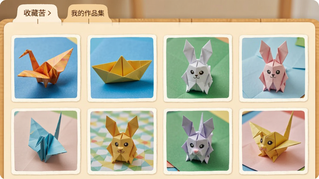 儿童折纸大全我的作品集界面,画面中展示一个相册式网格布局,每个格子内是孩子折好的折纸照片,包括纸鹤、小船、小兔子等,顶部有收藏夹标签,整体排版整洁,风格温馨,画质清晰,无多余元素