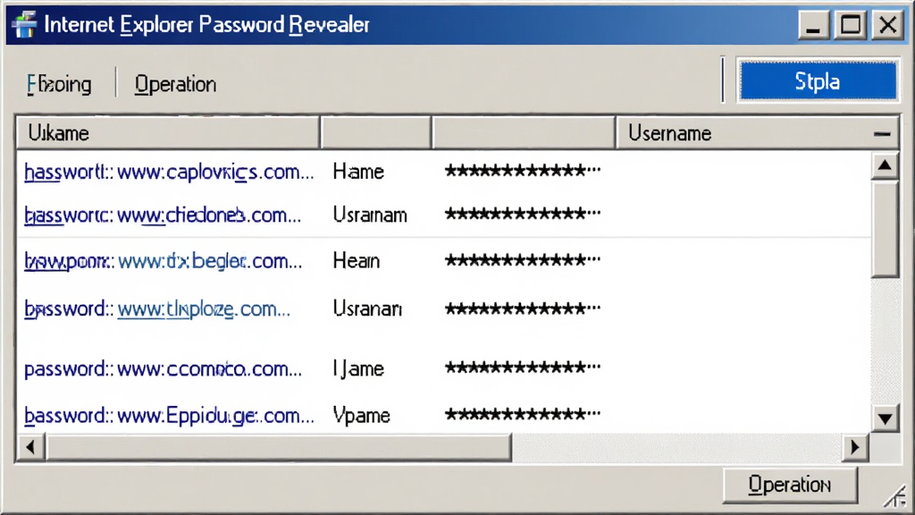 一张软件界面特写图,画面主体是 Internet Explorer Password Revealer 的窗口,窗口中展示着多行密码记录,每行包含网址、用户名和隐藏的密码星号,右上角有一个醒目的显示按钮,布局为经典的列表视图,风格为简洁商务风,细节包括滚动条、表头、操作按钮,画质清晰,干净,无多余元素