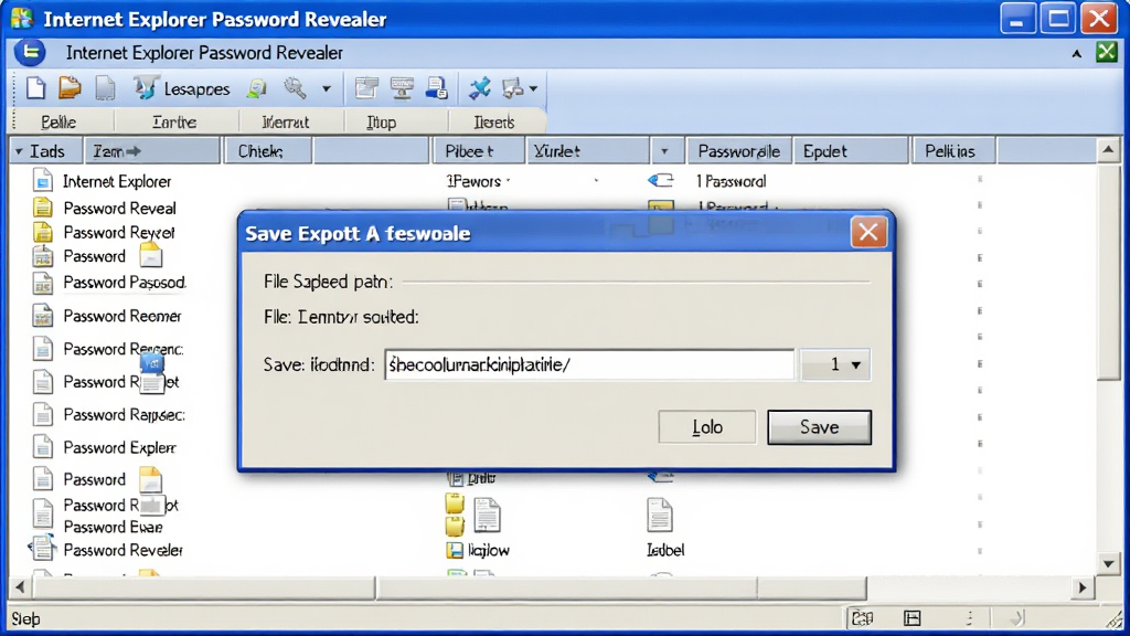 一张数据导出场景图,画面展示 Internet Explorer Password Revealer 软件中弹出保存对话框,背景是密码列表,前景是文件保存路径选择窗口,布局为层叠式窗口,风格为办公软件风格,细节包括文件图标、保存按钮、路径栏,画质清晰,干净,无多余元素