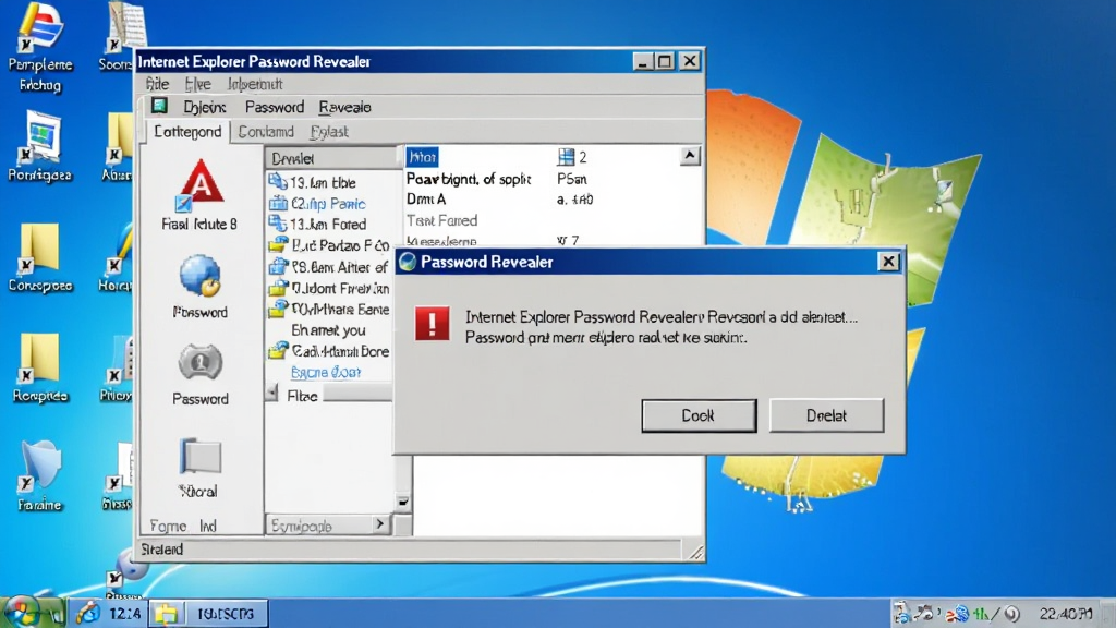 一张电脑故障排查场景图,画面中显示 Internet Explorer Password Revealer 软件窗口旁边有一个错误提示框,背景是Windows桌面,画面构图以错误提示为中心,风格为写实故障排查风,细节包括错误图标、确定按钮、桌面图标,画质清晰,干净,无多余元素