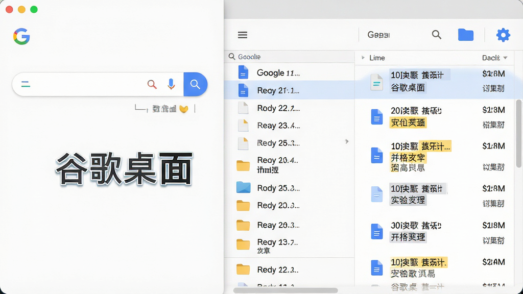 一幅AI生图,主体为谷歌桌面搜索框与文件列表,布局采用左侧搜索栏右侧结果面板的排版,风格为简洁科技感,细节包含文档图标、高亮关键词,画质高清,干净无多余元素,画面中标注文字“谷歌桌面”