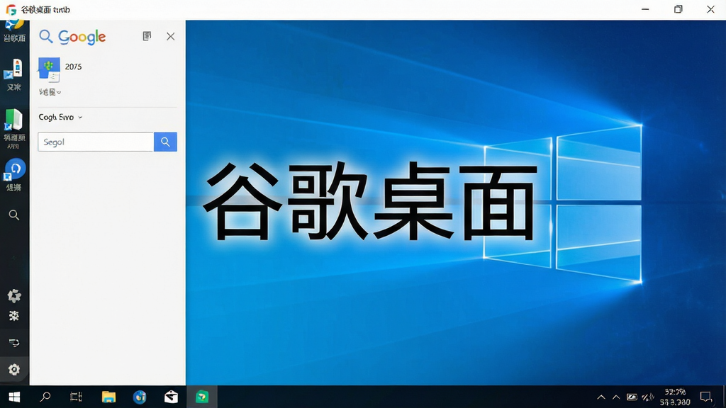 一张展示谷歌桌面在Windows系统上运行状态的图片,主体为桌面侧边栏与搜索框,布局为全屏桌面截图风格,风格真实自然,细节包含任务栏与图标,画质清晰,无多余元素,图片中带有文字“谷歌桌面”