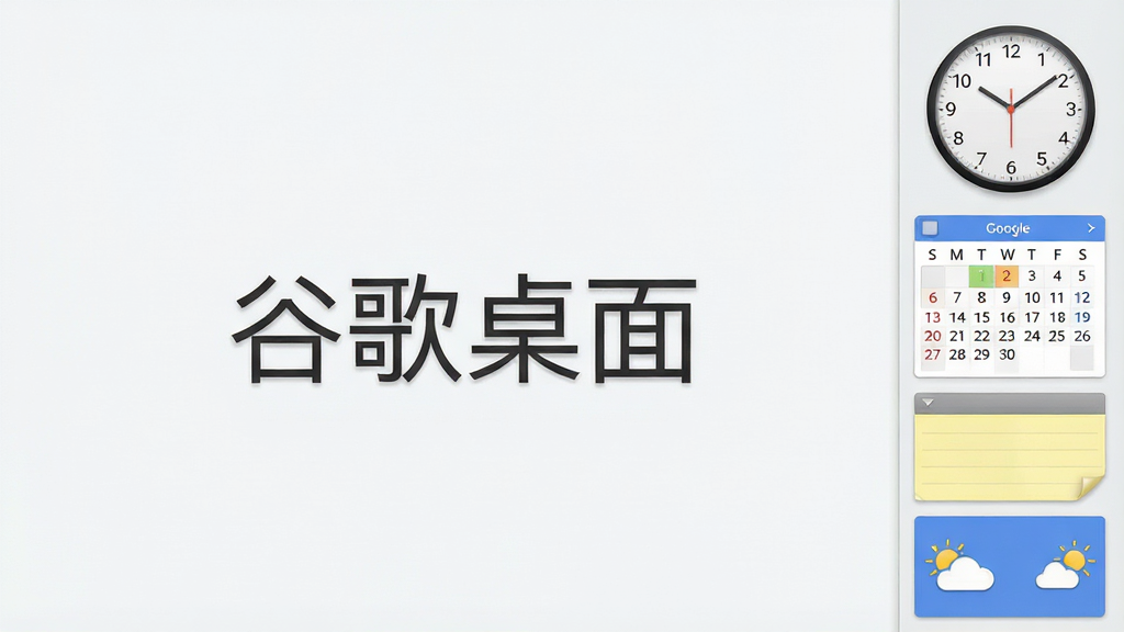 一张展示谷歌桌面侧边栏小工具的图片,画面包含时钟、日历、便签和天气模块,布局为竖向排列在屏幕右侧,风格清新简约,细节清晰,画质干净,图片中带有文字“谷歌桌面”