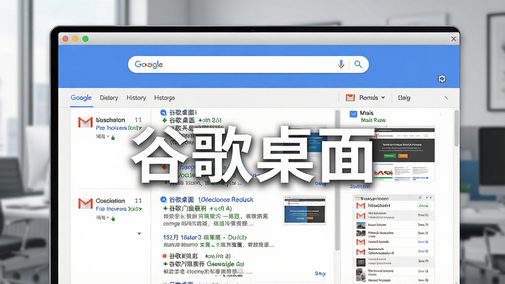 一幅AI生图,主体为谷歌桌面搜索界面展示网页历史与邮件结果,布局为上下分栏,上方搜索框下方结果列表,风格现代办公,细节包含邮件图标与网页缩略图,画质清晰,无多余元素,画面中标注文字“谷歌桌面”