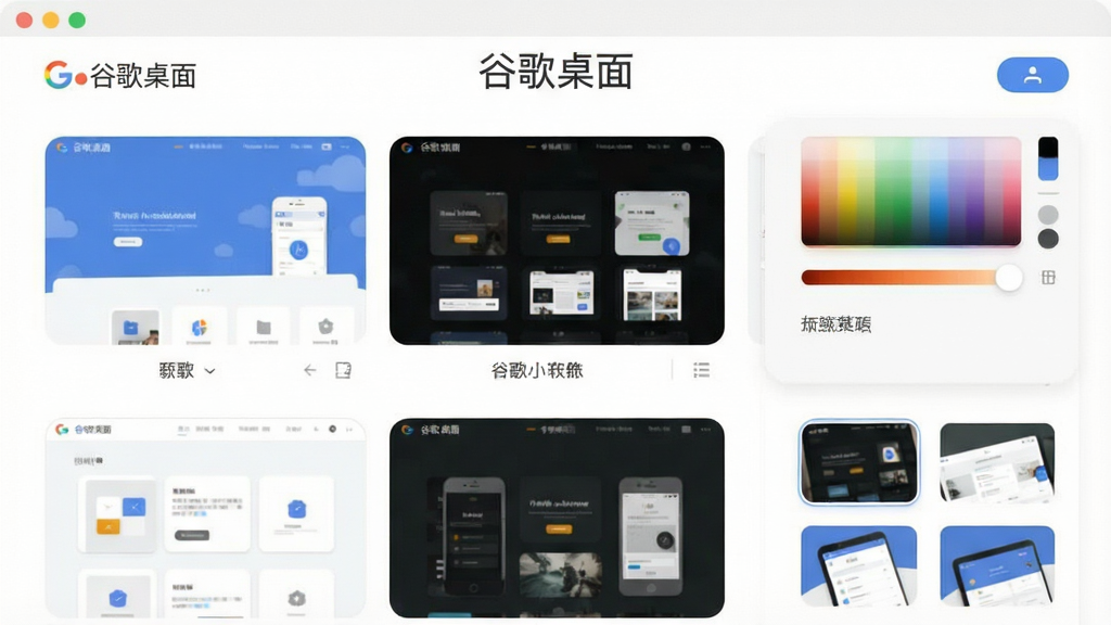 一张展示谷歌桌面个性化设置界面的图片,主体为多款主题皮肤预览与设置选项,布局为网格排列,风格柔和圆角,细节包含颜色选择器与预览缩略图,画质干净,图片中带有文字“谷歌桌面”