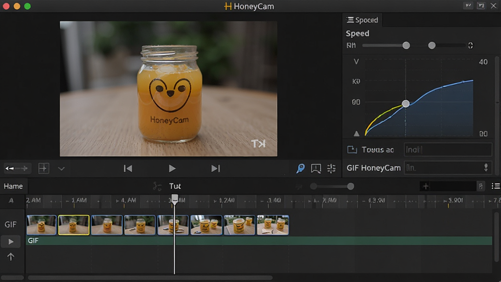 HoneyCam软件编辑界面特写,主体是GIF时间轴与帧编辑面板,布局为上方预览窗口下方时间轴,排版紧凑,风格为深色专业工具风,细节包含帧缩略图、播放头、速度调节曲线、文字输入框,画质高清,干净,无多余元素