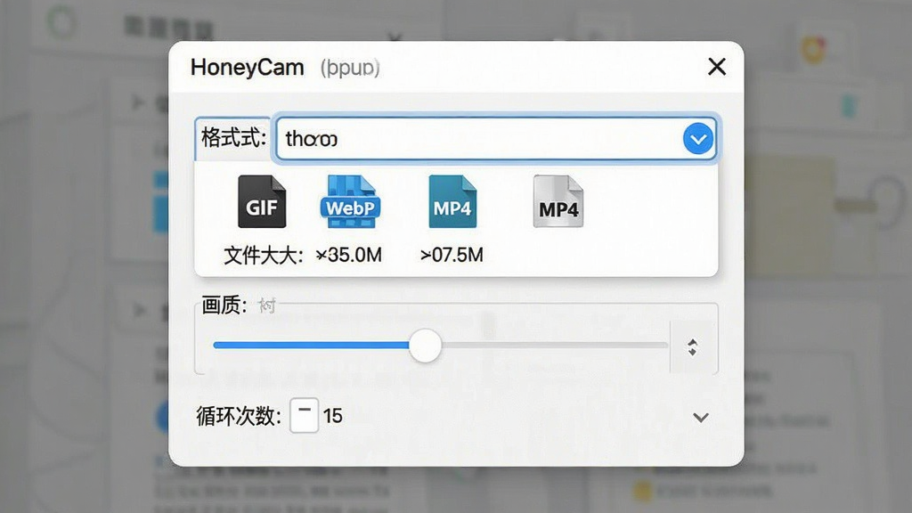 一张展示HoneyCam输出格式选择弹窗的图片,主体是格式下拉菜单与画质调节滑块,布局为居中弹窗,排版规整,风格为浅色商务风,细节包含GIF、WebP、MP4格式图标、文件大小预估数值、循环次数选项,画质清晰,干净,无多余元素