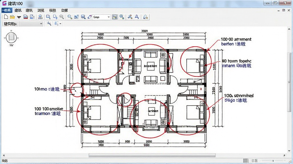 一张展示建筑100软件图纸浏览与标注功能的图片,画面中软件窗口打开一张建筑平面图,图上有红色标注圈和文字注释,工具栏位于窗口上方,标题栏写有‘建筑100’,整体布局规整,采用白色背景,细节清晰,画质干净,无多余元素