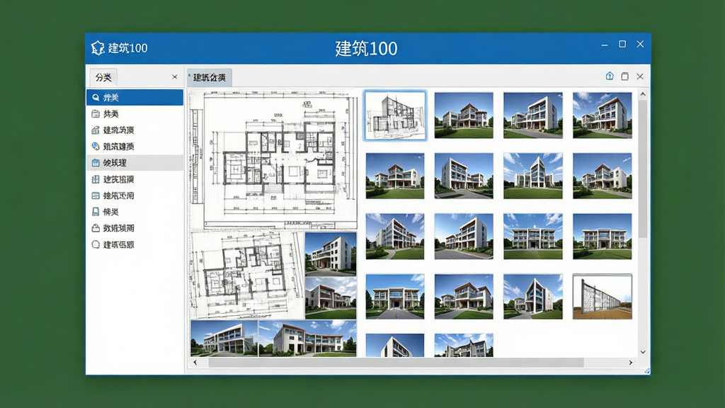 一张展示建筑100软件界面的图片,画面中央是软件主窗口,左侧为分类导航栏,右侧为建筑图片缩略图网格,窗口上方标题栏写有‘建筑100’字样,整体布局简洁清晰,采用蓝白配色风格,细节上体现建筑图纸与实景照片混合展示,画质清晰,干净,无多余元素