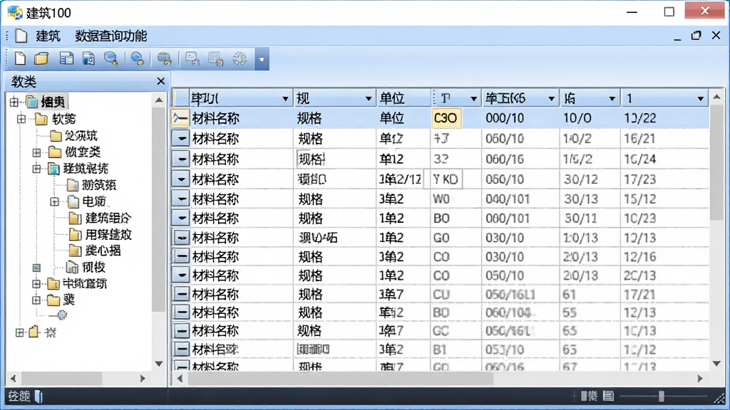 一张展示建筑100软件数据查询功能的图片,画面中软件界面显示表格形式的数据列表,包含材料名称、规格、单位等列,左侧有分类树形菜单,窗口标题栏写有‘建筑100’,整体风格严谨专业,采用淡蓝色表头,细节清晰,画质干净,无多余元素