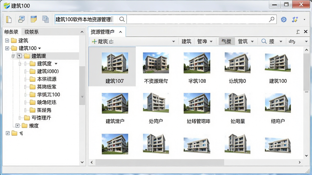 一张展示建筑100软件本地资源管理功能的图片,画面中软件界面左侧为文件夹目录树,右侧为文件列表,文件带有缩略图预览,顶部搜索框输入了关键词,窗口标题栏写有‘建筑100’,整体采用简洁的列表布局,浅色背景,细节清晰,画质干净,无多余元素