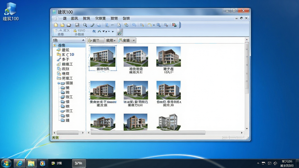 一张展示建筑100软件在Windows电脑上运行状态的图片,画面中软件窗口正常显示建筑图片列表,任务栏有软件图标,桌面背景简洁,标题栏写有‘建筑100’,整体风格真实自然,采用常见的Windows桌面布局,细节清晰,画质干净,无多余元素