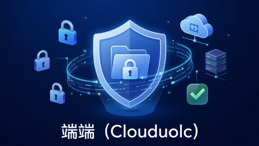 端端(Clouduolc)安全备份主题图,画面中央是一个发光的盾牌图标,盾牌内部有文件夹与锁的图案,周围环绕着数据流线条,背景为深蓝色渐变,风格稳重安全,细节包括加密锁、云端服务器、校验勾选标志,画质干净清晰,图片下方带有“端端(Clouduolc)”文字