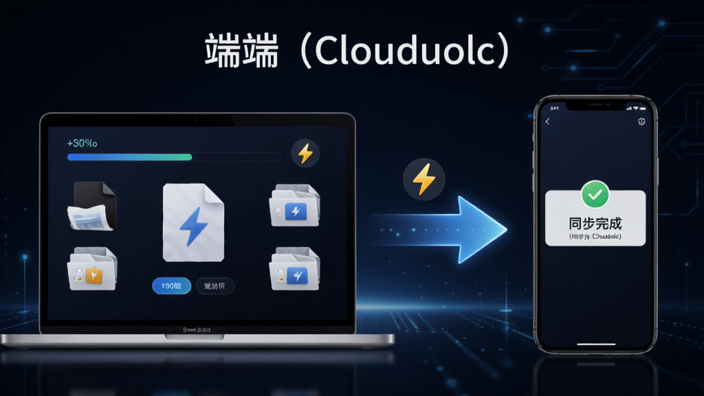 端端(Clouduolc)功能展示图,画面左侧是一台笔记本电脑正在上传大文件,右侧是手机端接收同步完成的通知,中间用发光的箭头连接,背景为深色科技风格,元素包括进度条、闪电图标、文件缩略图,画质清晰干净,画面中带有“端端(Clouduolc)”文字标识