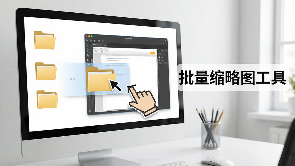 批量缩略图工具操作技巧示意图,画面展示电脑屏幕中软件界面与拖拽操作手势,左侧文件夹图标向右滑动进入软件窗口,屏幕旁标注“批量缩略图工具”名称,背景为简洁办公桌面环境,风格写实清晰,画质高清,适合教程配图